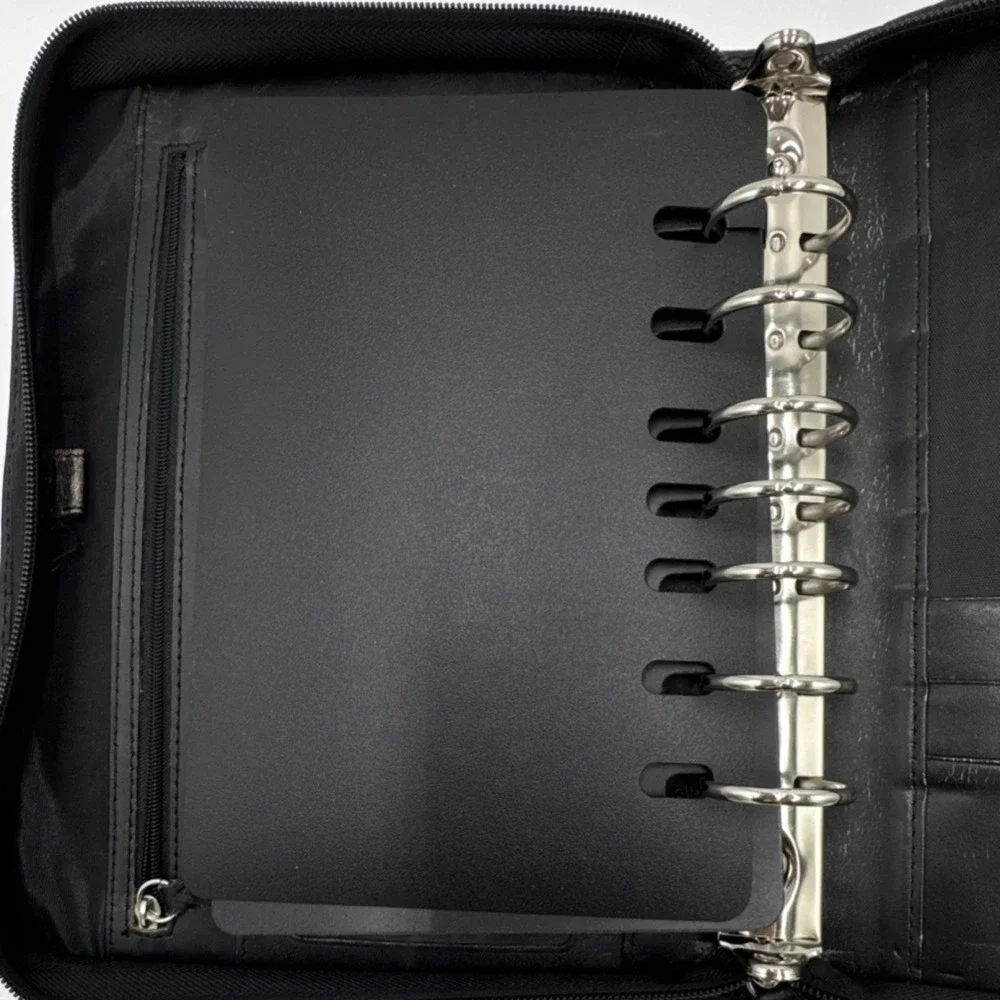 Black Woven Leather Zip Binder Planner Organizer 6 Ring Portfolio Card Slots